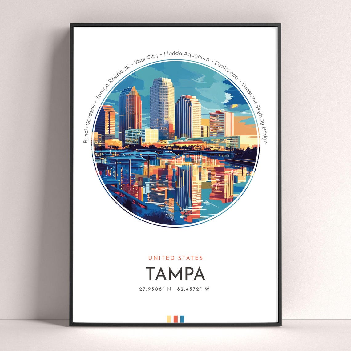 Tampa Florida Downtown Skyline Riverfront Sunset Travel Poster