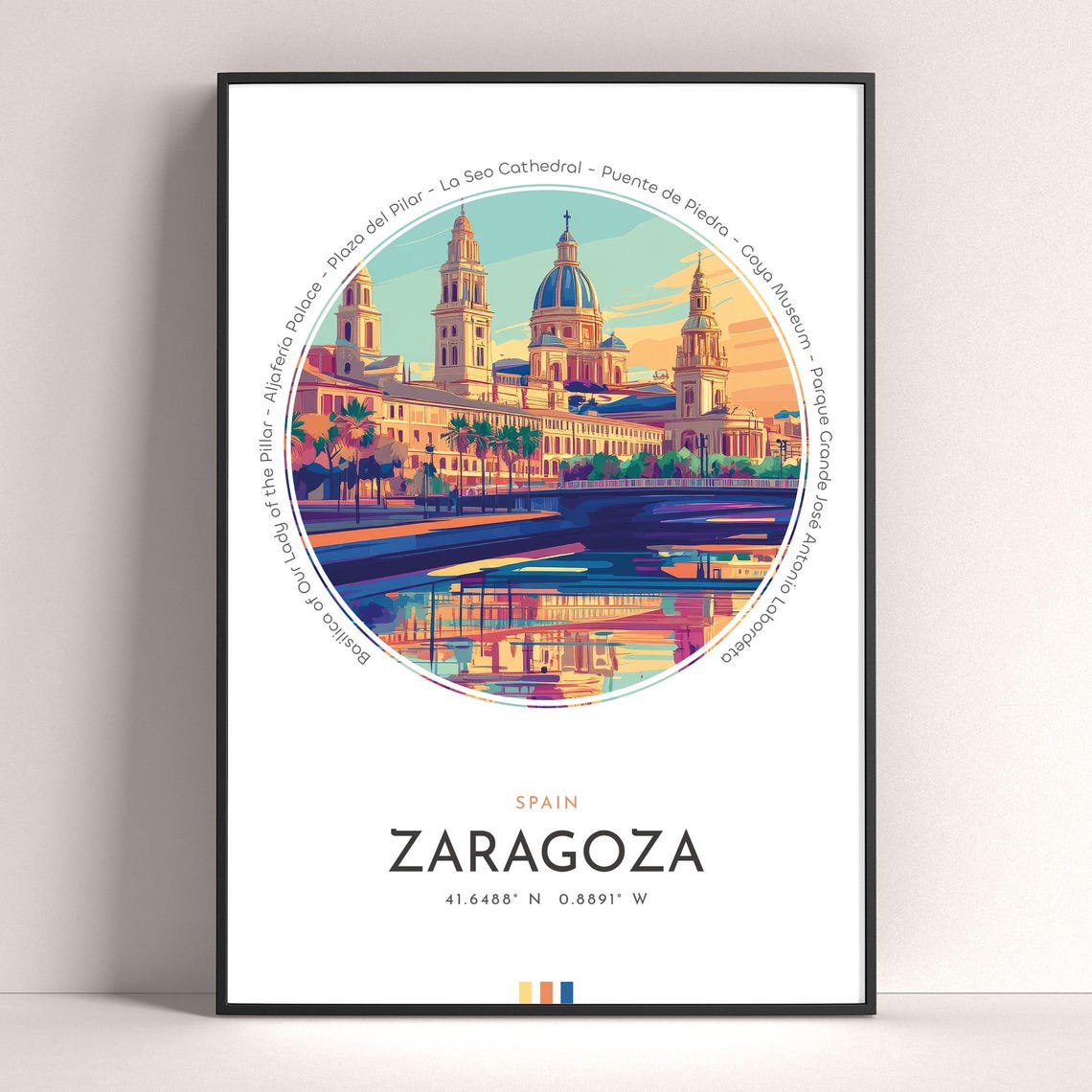 Zaragoza Spain Basilica Del Pilar Riverside Sunset Travel Poster