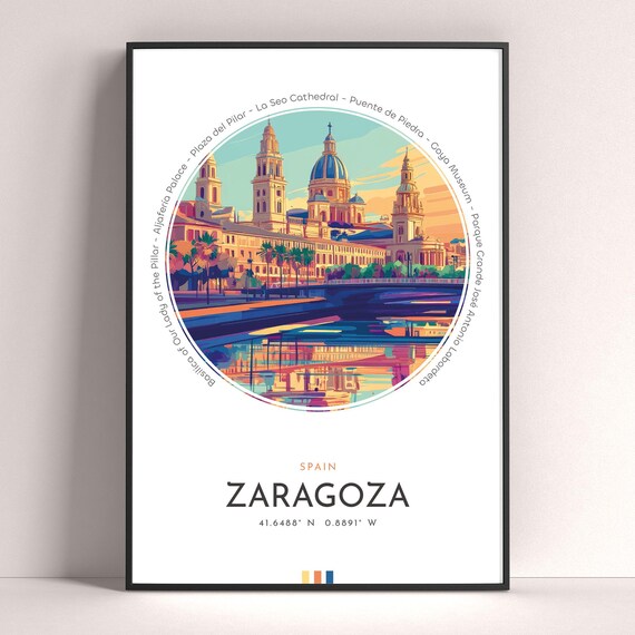 Zaragoza Spain Basilica Del Pilar Riverside Sunset Travel Poster