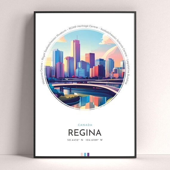 Regina Canada Skyline Lake Sunset Reflection Vintage Travel Poster
