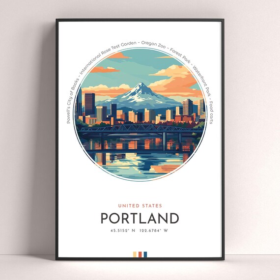 Portland Oregon Skyline Mount Hood Riverfront Bridge Travel Poster