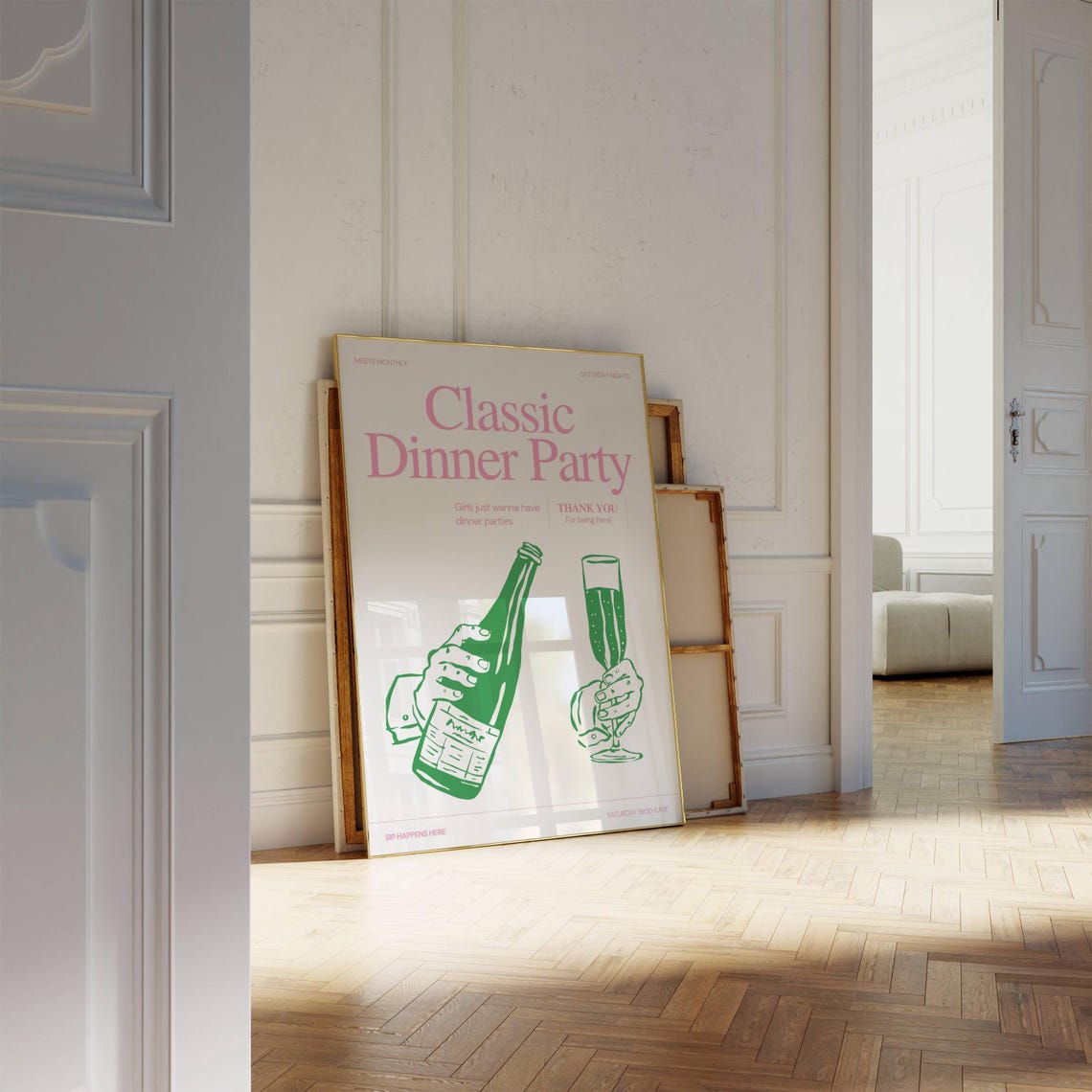 Classic Dinner Party Champagne Green Hands Festive Retro Poster - Image 4