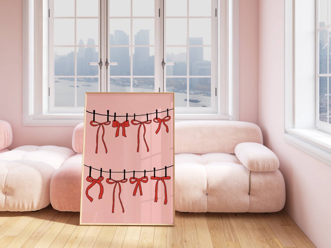 Red Ribbon Bows Hanging On Clothesline Coquette Pink Art Poster