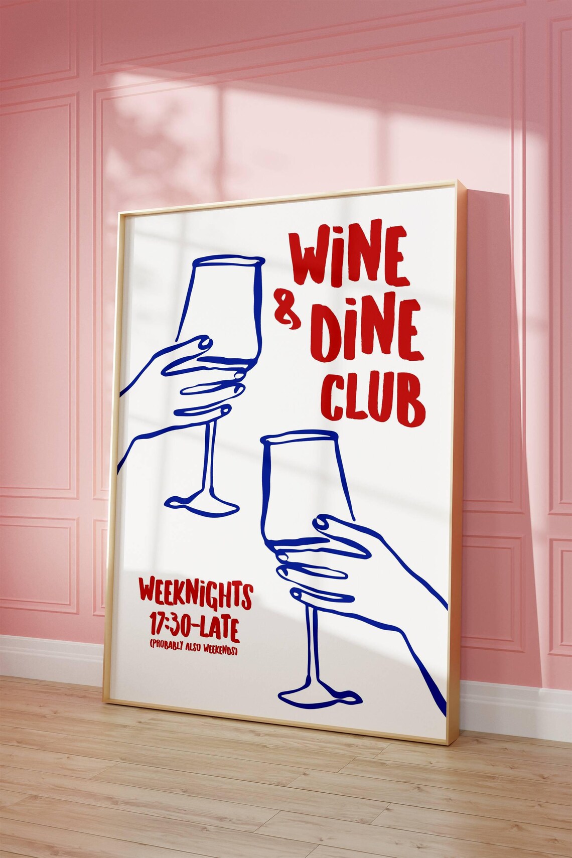 Wine and Dine Club Fun Modern Kitchen Line Art Bar Cart Poster