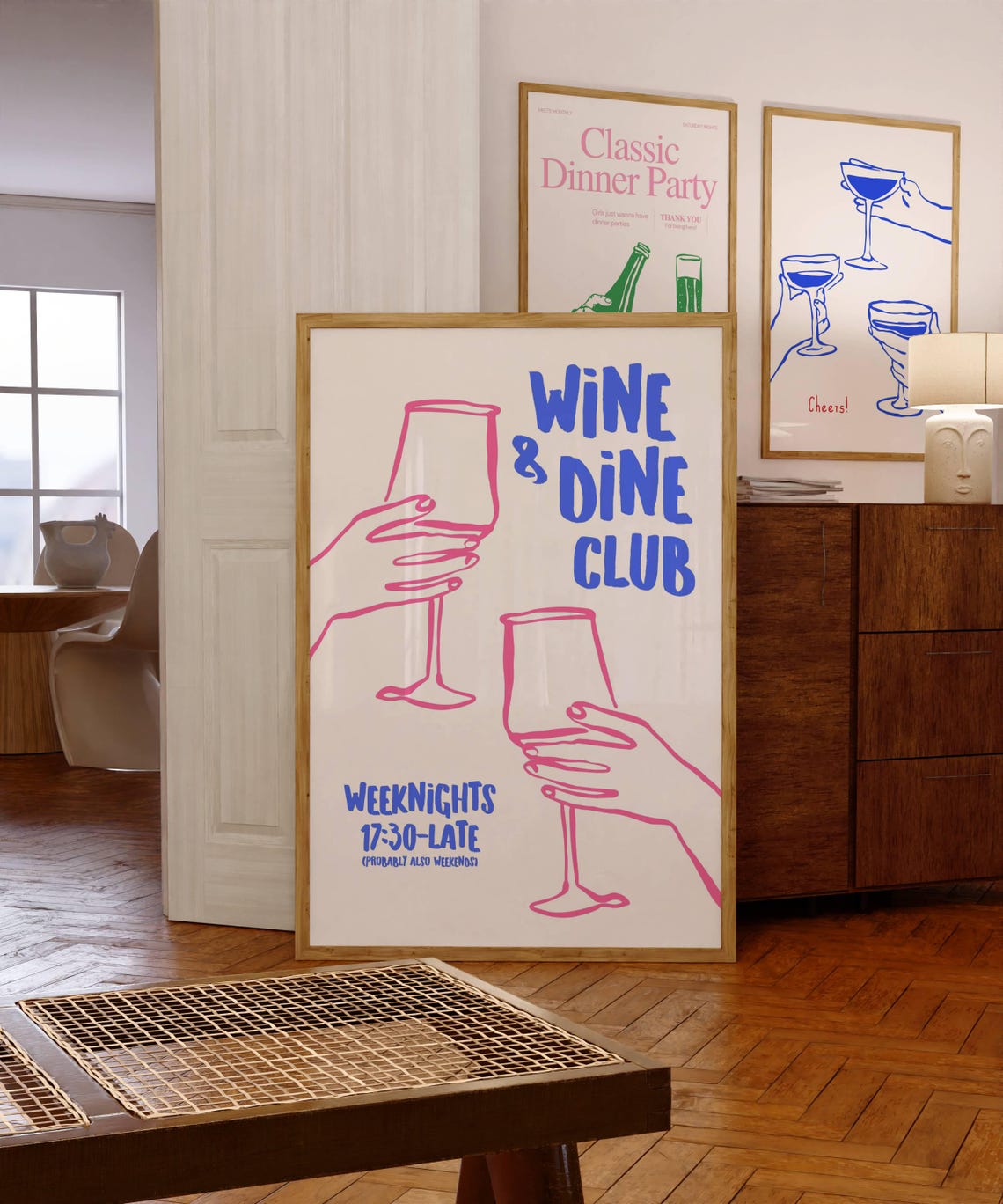 Wine and Dine Club Fun Pink Blue Line Art Weeknight Party Poster
