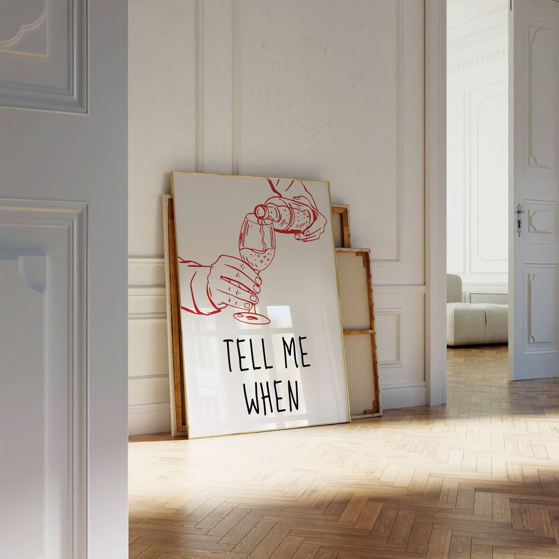 Tell Me When Red Wine Pouring Hands Line Art Bar Cart Poster