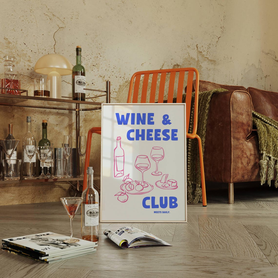 Wine and Cheese Club Fun Meets Daily Pink Line Art Kitchen Poster - Image 4