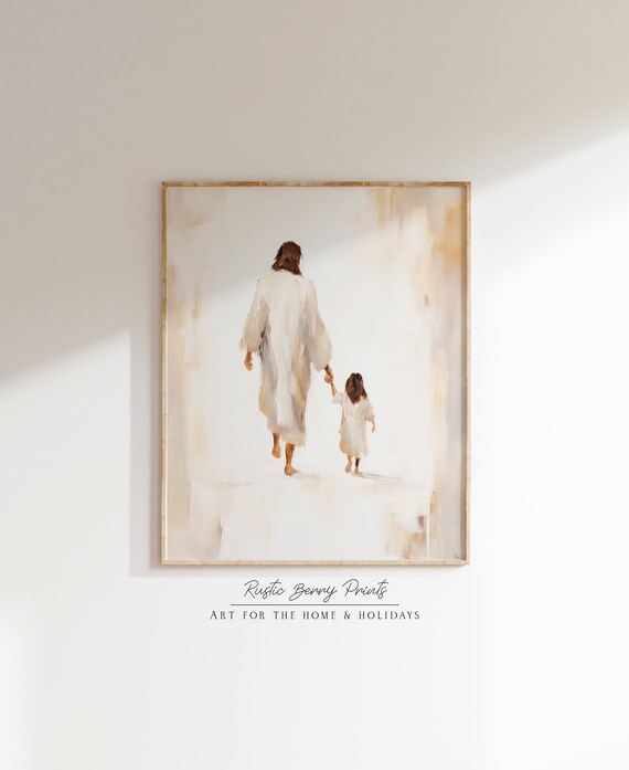 Jesus Walks With Child Cream Minimalist Christian Faith Religious Art