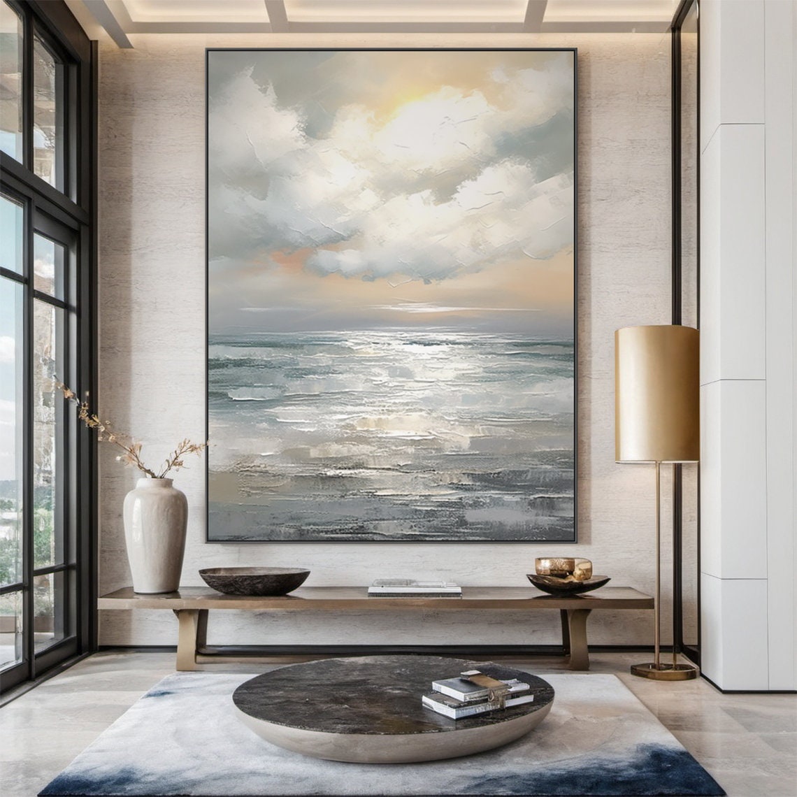 Golden Clouds Grey Teal Ocean Sunset Seascape Abstract Painting Poster