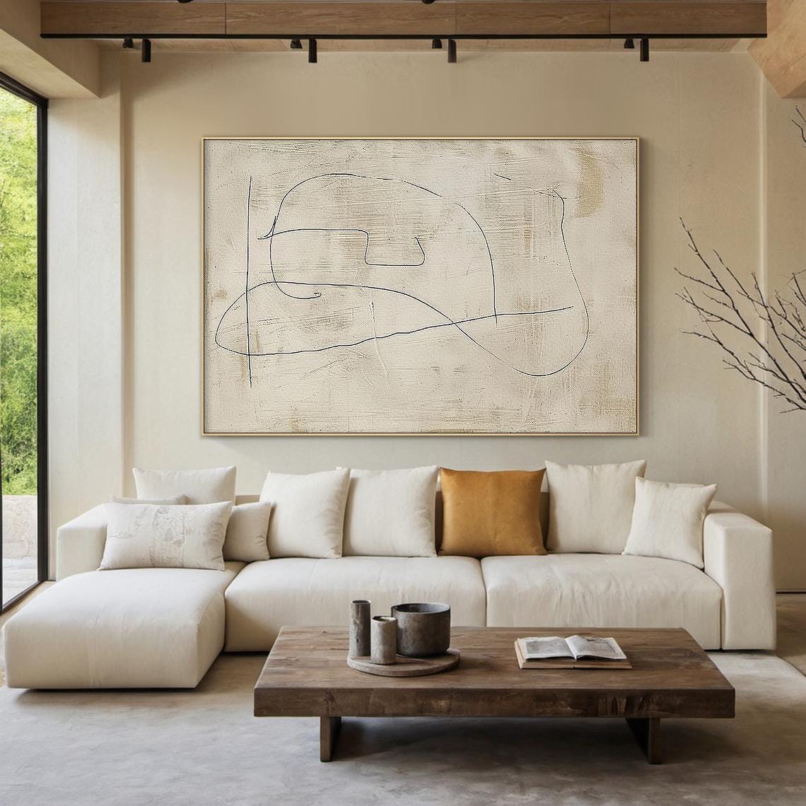 Beige Minimalist Abstract Line Art Textured Canvas Contemporary Poster