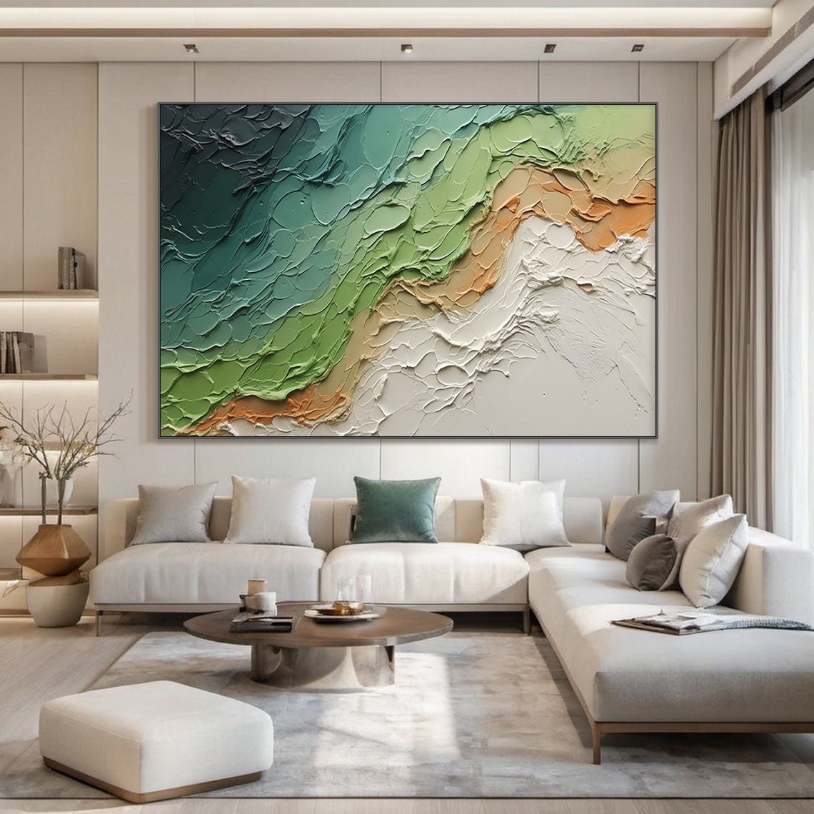 Green Teal Orange White Textured Wave Abstract Ocean Painting Wall Art - Image 2