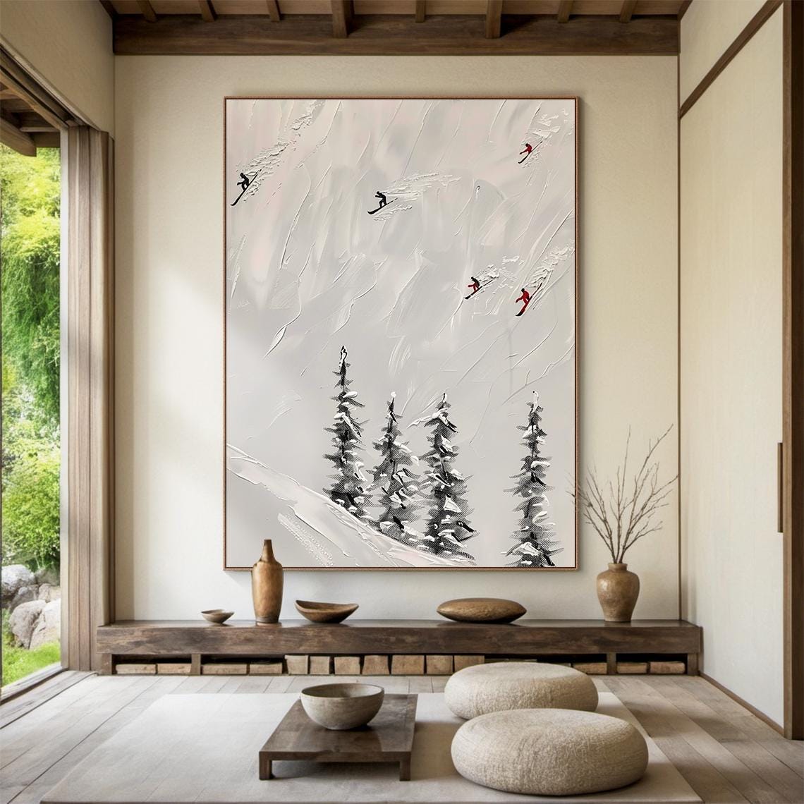 Beige Ski Oil Painting Decoration Painting Original Skier Gift Beige Abstract Ski Art Modern Home Wall Decoration - Image 2