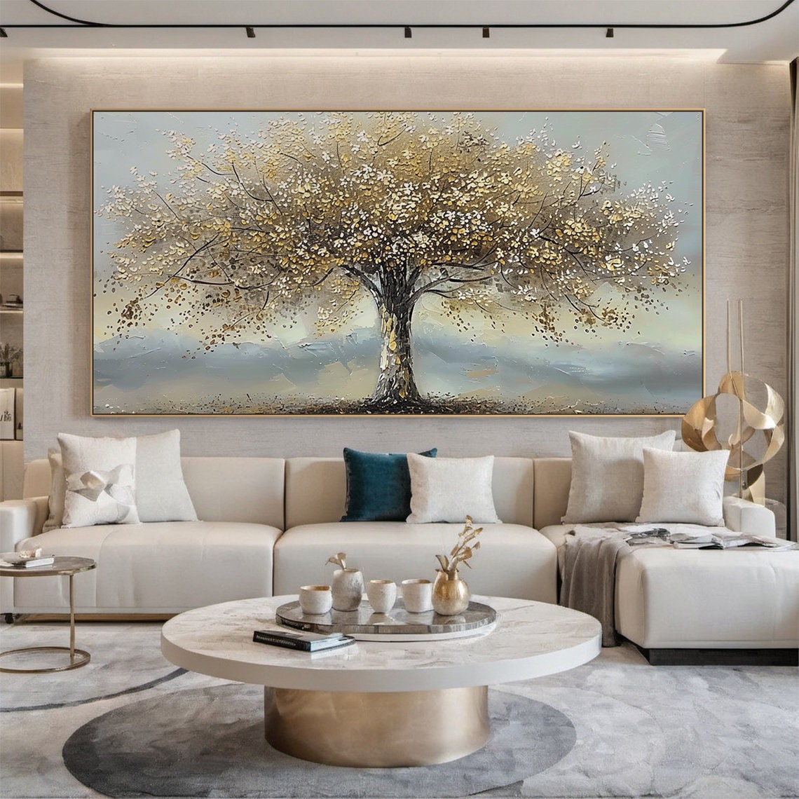Golden Tree Of Life Blossom On Grey Blue Textured Canvas Poster - Image 4