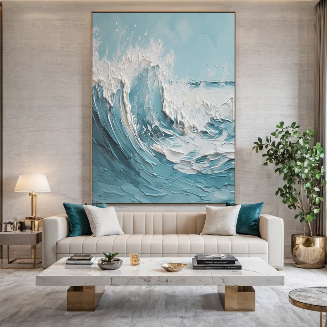 Blue Ocean Waves Abstract Art Print, Living Room Decor - Image 2