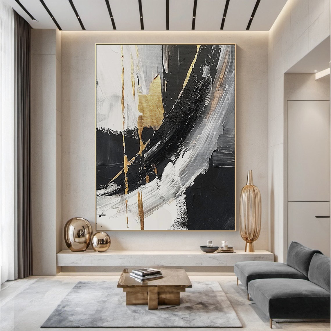 Black and White Abstract Oil Painting, Office Art Print - Image 3