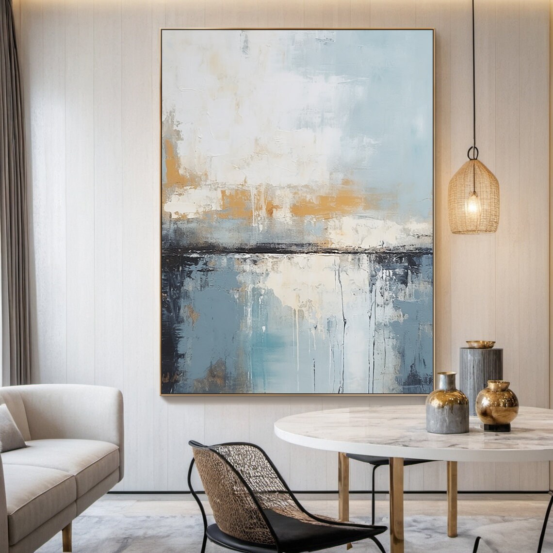 Blue Grey White Abstract Gold Band Textured Sea Sky Painting Wall Art - Image 3