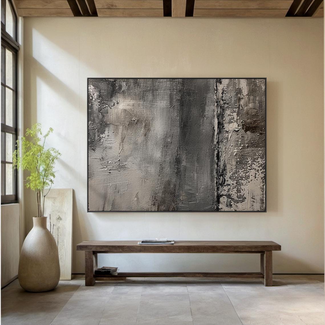 Grey Abstract Painting Textured Horizon Band Modern Wall Art Poster - Image 2