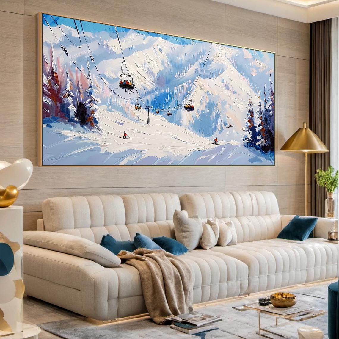 Original 3d Ski Sport Art Blue White Textured Wall Art Skier Gift White Skis And Cable Car Painting Modern Skier Painting - Image 6