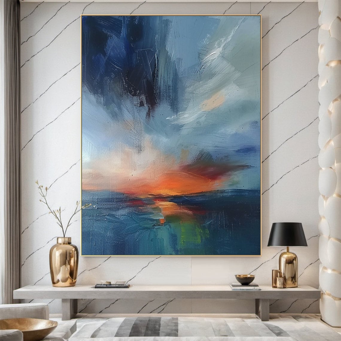 Blue Sea Sunrise Abstract Oil Painting, Ocean Art Print - Image 5