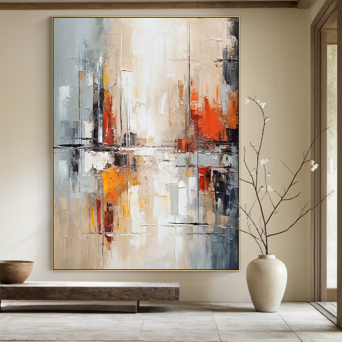 Orange Abstract Wabi-Sabi Style, Grey Details Art Print - Image 2