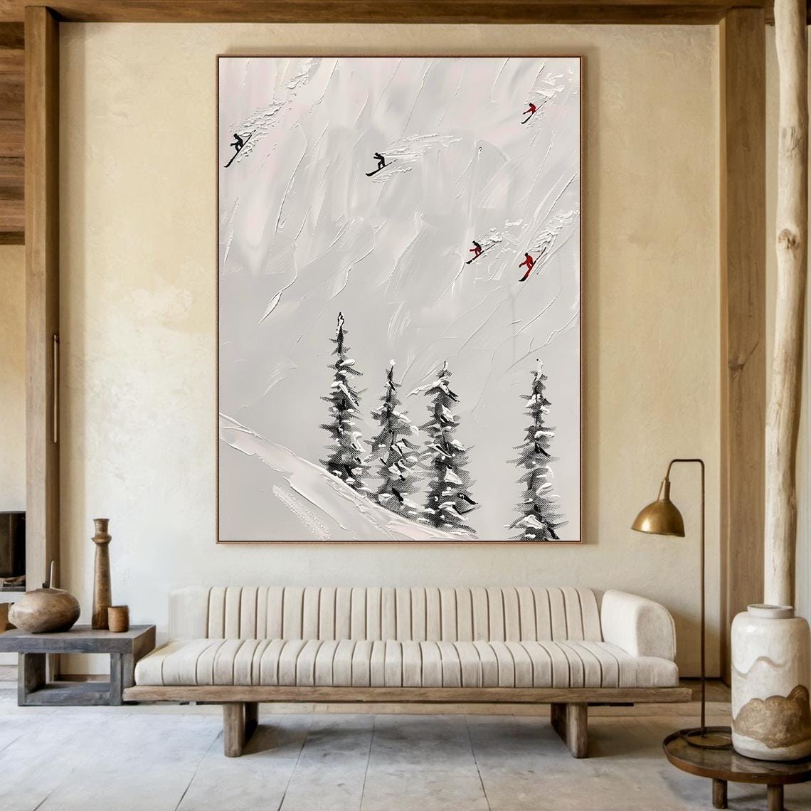 Beige Ski Oil Painting Decoration Painting Original Skier Gift Beige Abstract Ski Art Modern Home Wall Decoration