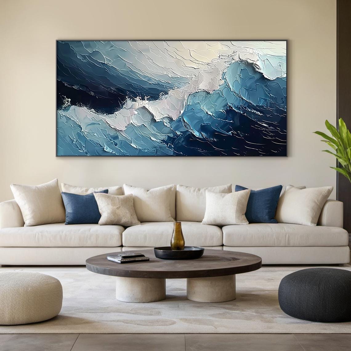 Dark Navy Storm Wave Crashing Impasto Moody Ocean Seascape Wall Art - Image 4
