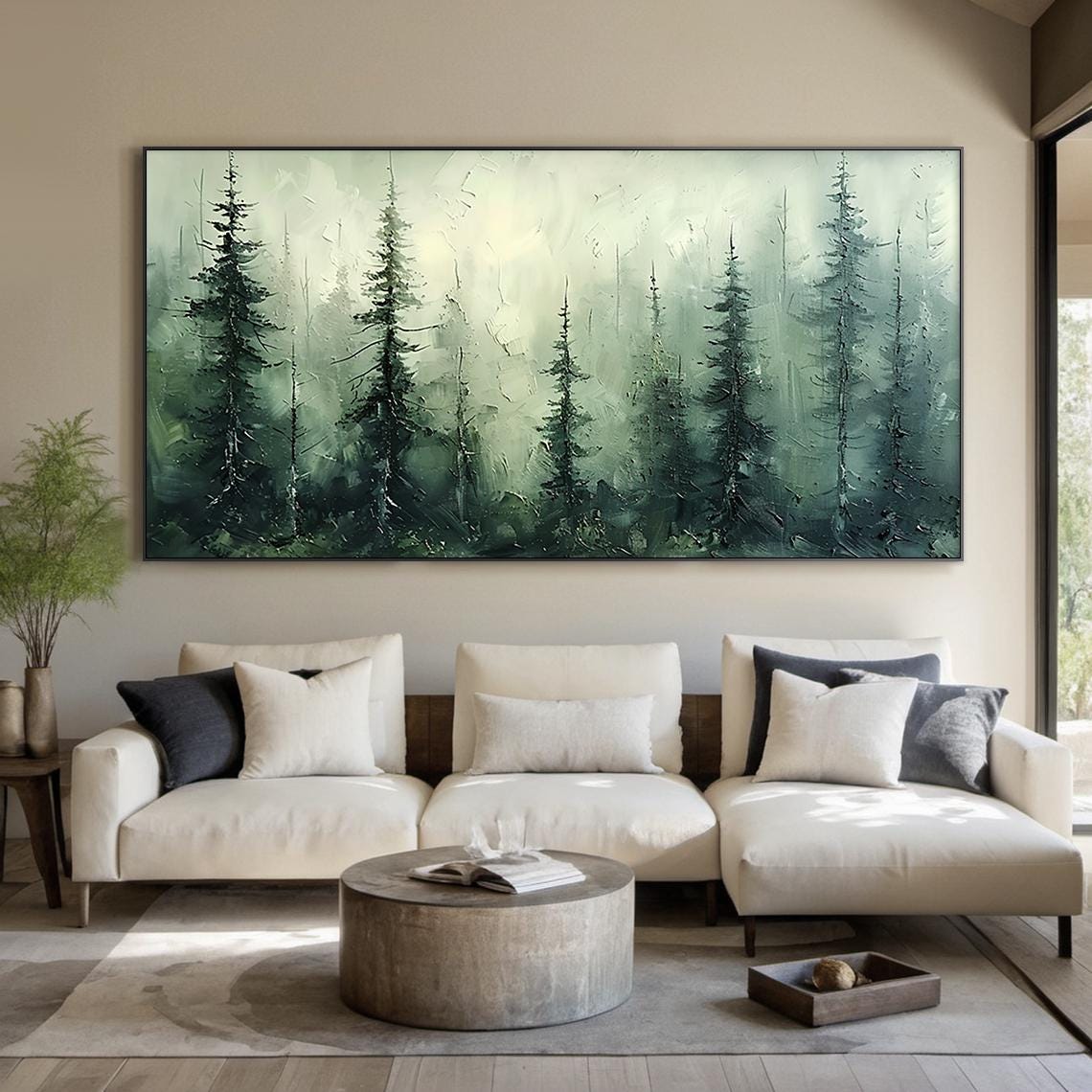 Tall Green Pine Trees Misty Forest Oil Style Nature Living Room Poster