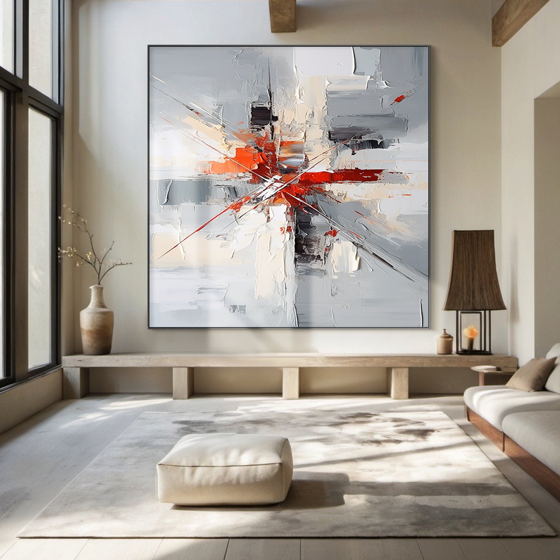 Grey White Red Abstract Burst Oil Painting Square Modern Wall Poster