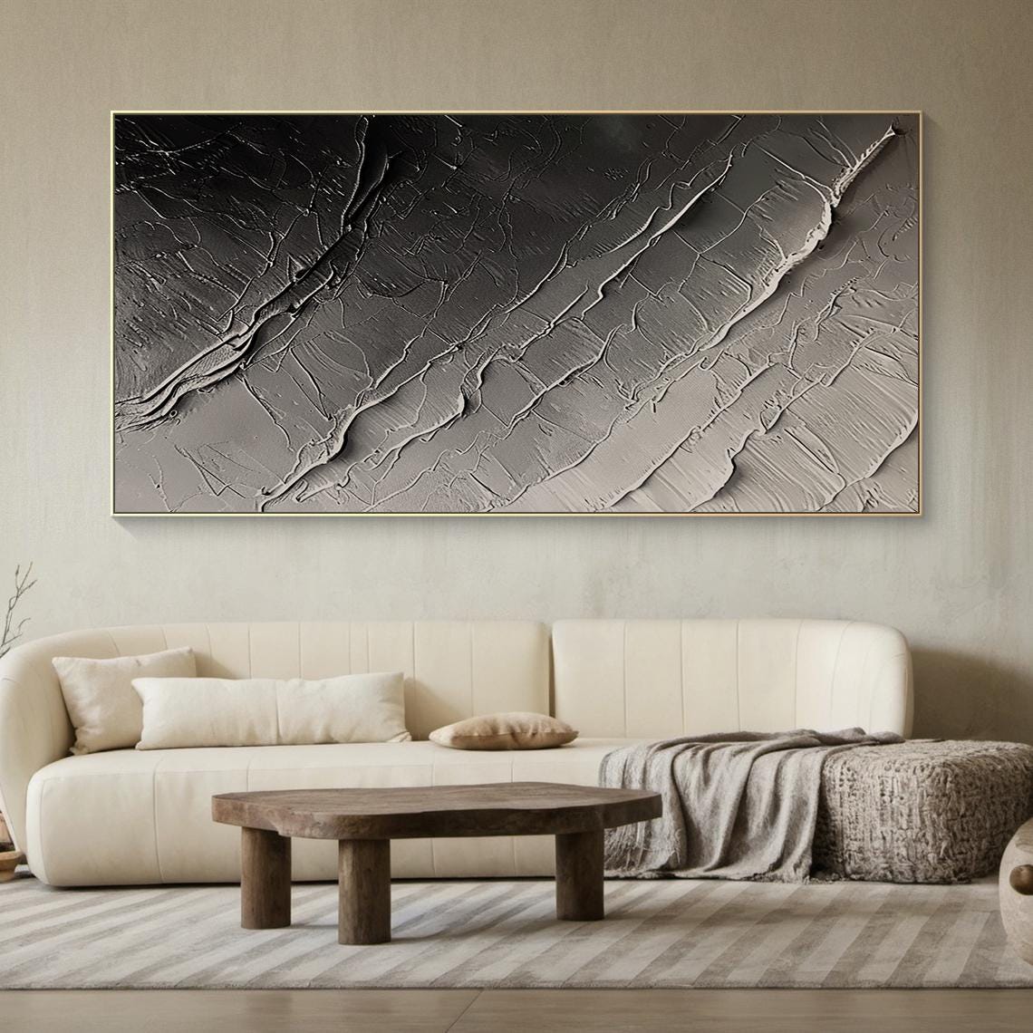 Grey Monochrome Diagonal Ridge Texture Abstract Moody Minimal Wall Art - Image 2