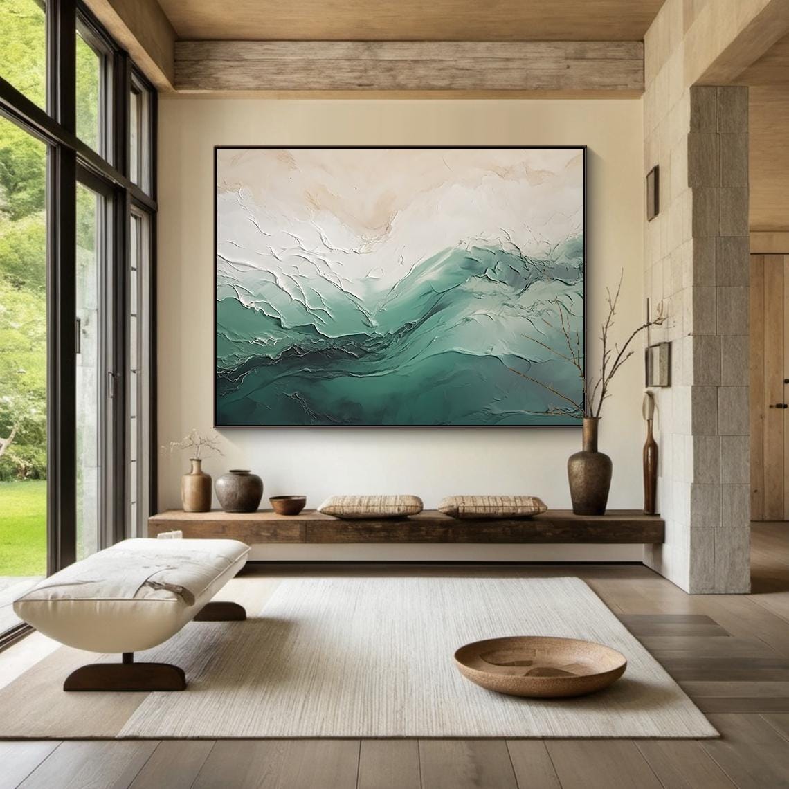 Minimalist 3d Wall Art Green And Beige Abstract Painting Nature Inspired Modern Design Sophisticated Home Interior Decoration - Image 2