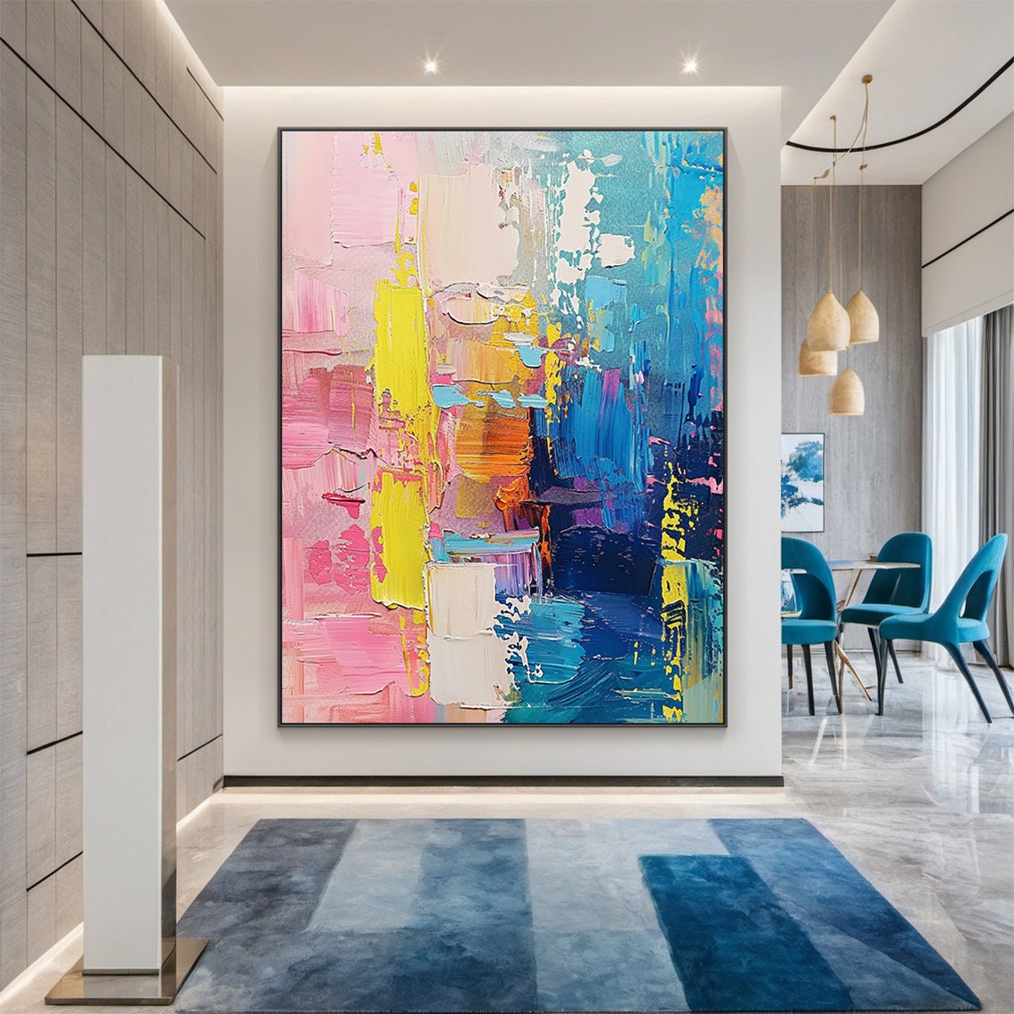 Pink Blue Yellow Bold Impasto Abstract Colorful Modern Art Poster