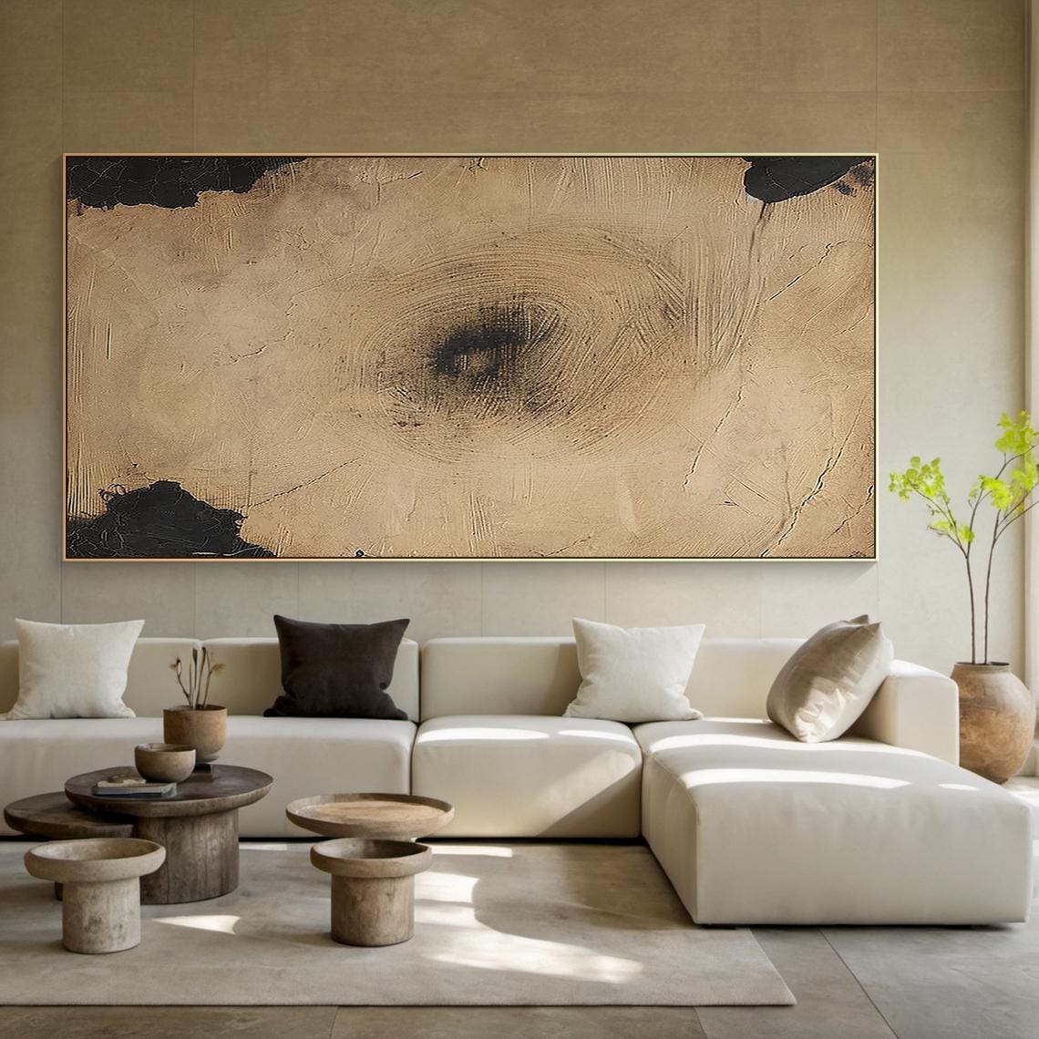 Tan Brown Abstract Painting Circular Brushwork Black Modern Wall Art - Image 4