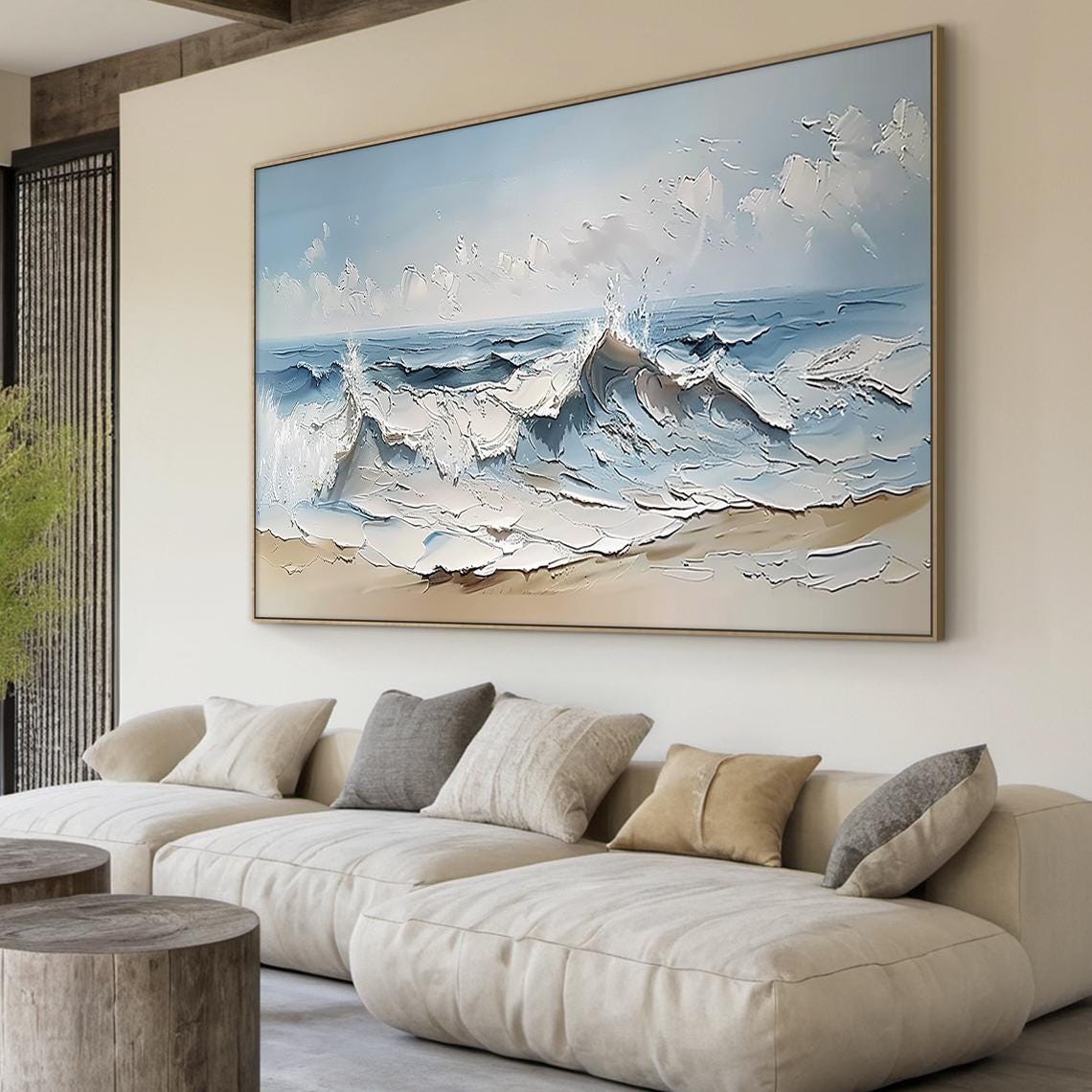 Ocean Waves Breaking On Sandy Shore Impasto Textured Beach Wall Art - Image 2