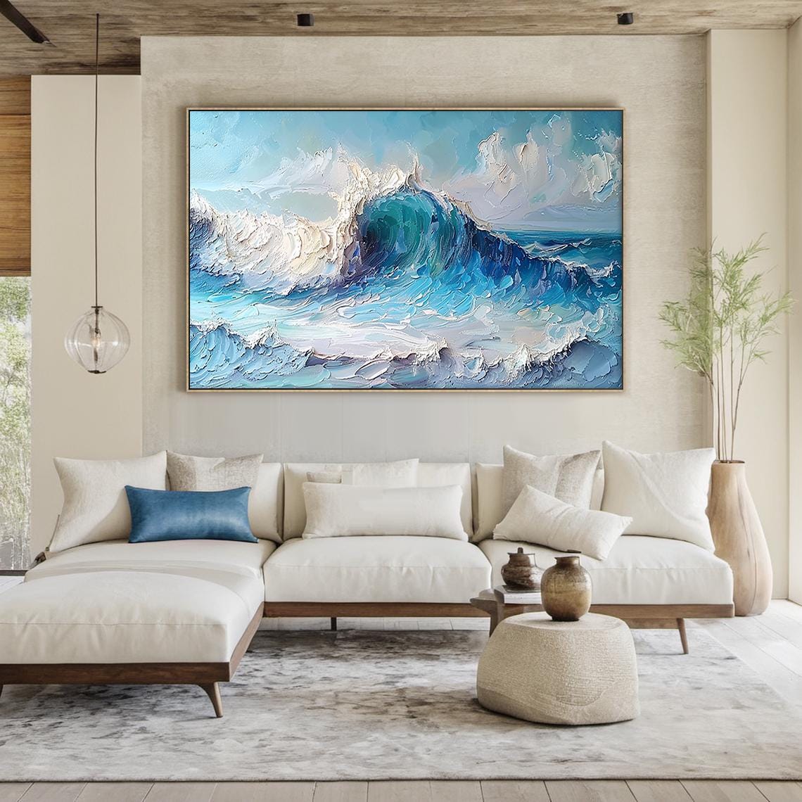 Aqua Blue Ocean Curl Wave Impasto Textured Dramatic Seascape Poster - Image 3