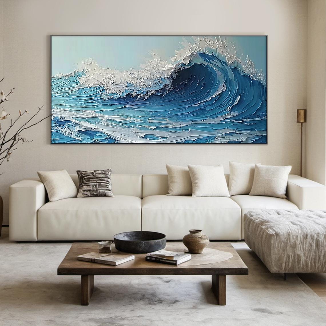 Deep Blue Barrel Wave Impasto Textured Powerful Ocean Wall Art