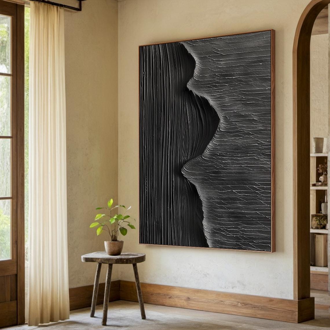 Black Carved Canyon Sculpture Abstract Dramatic Vertical Wall Art - Image 2
