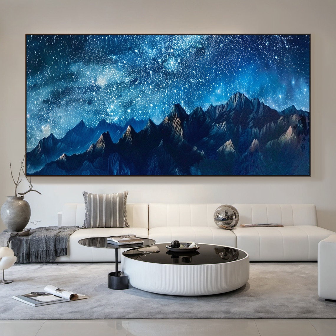 Mountain Starry Sky Painting Large Blue Sky Landscape Oil Painting Blue Wall Decoration Art Modern Natural Living Room Decoration