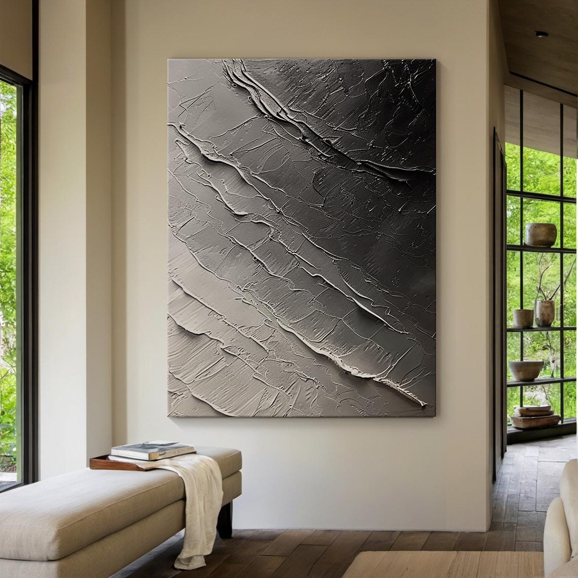 Grey Monochrome Diagonal Ridge Texture Abstract Moody Minimal Wall Art - Image 4