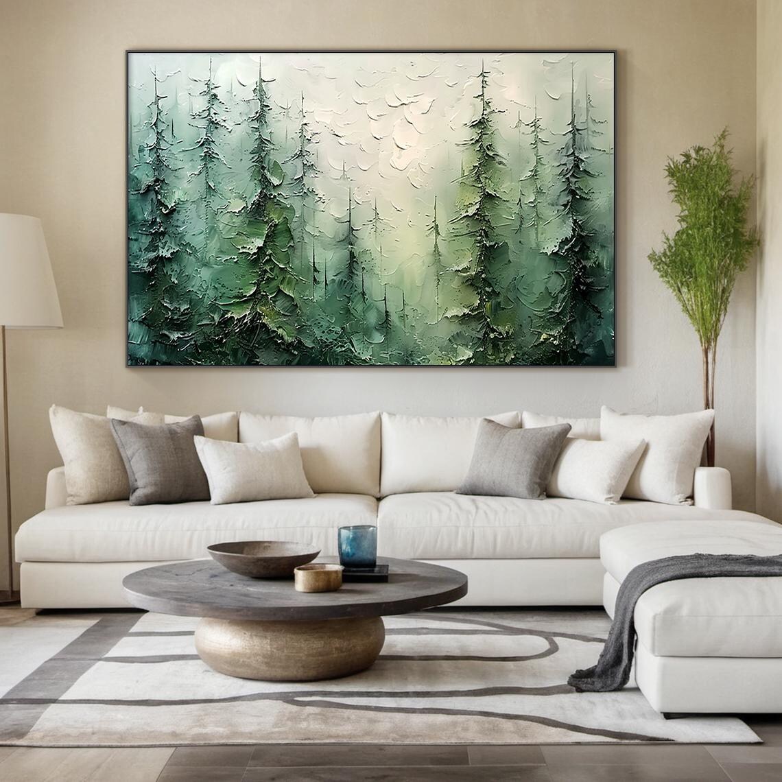 Misty Green Pine Forest Impasto Textured Serene Woodland Art Poster - Image 2