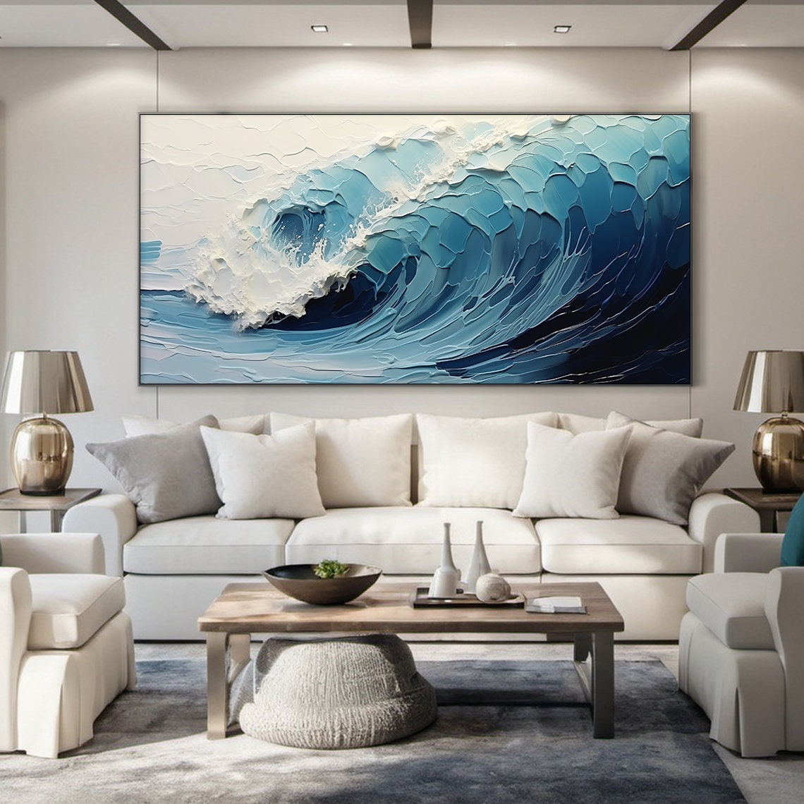 Deep Navy Blue Curling Wave White Foam Dramatic Ocean Painting Poster - Image 3