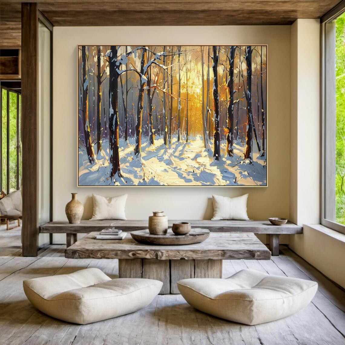 Winter Sunshine Forest Landscape Oil Painting Warm Yellow And Cool Tones Blend Nature Scene Wall Art For Living Room Decor - Image 3