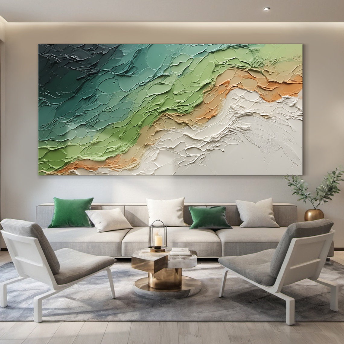 Green Teal Orange White Textured Wave Abstract Ocean Painting Wall Art - Image 4