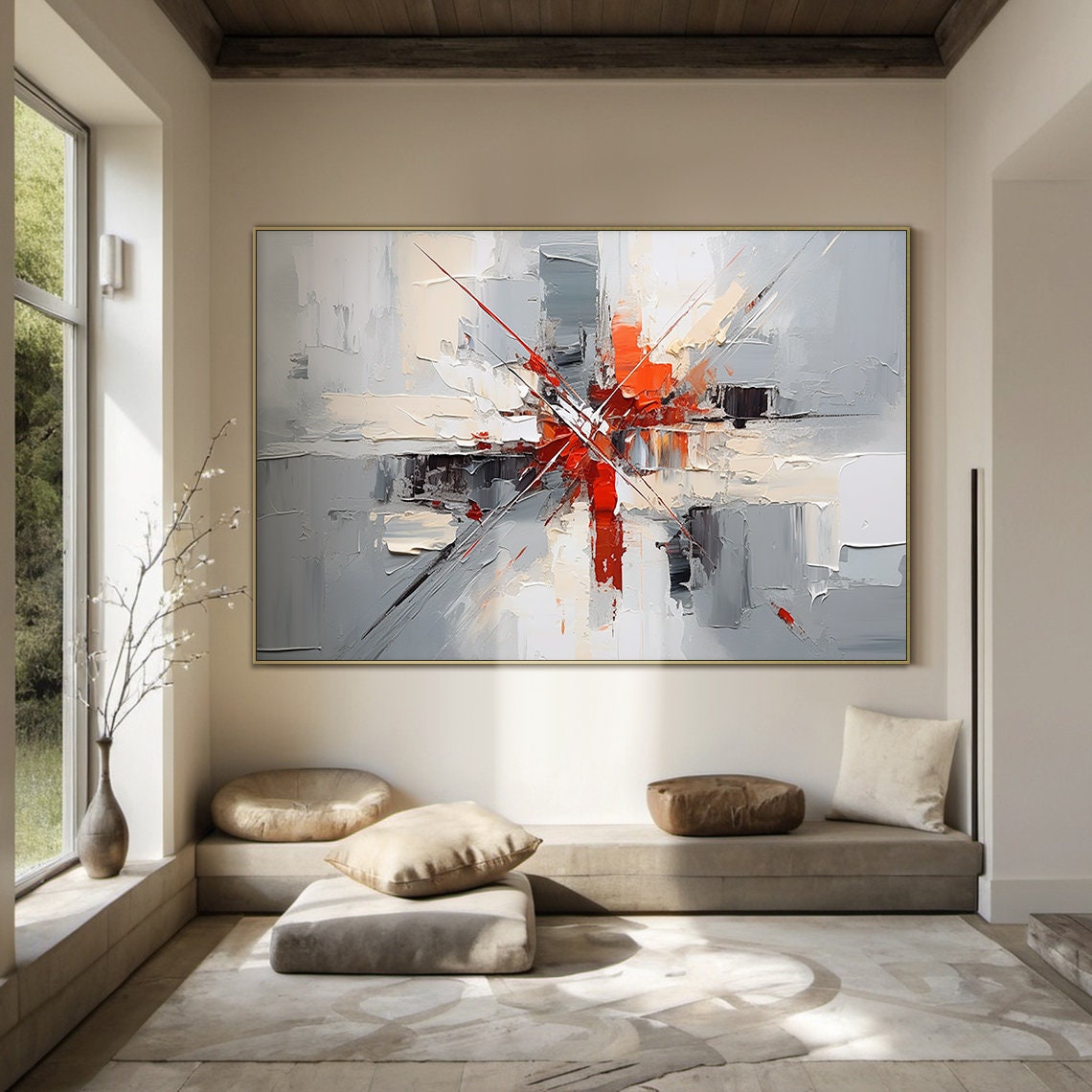 Grey White Red Abstract Burst Oil Painting Square Modern Wall Poster - Image 2