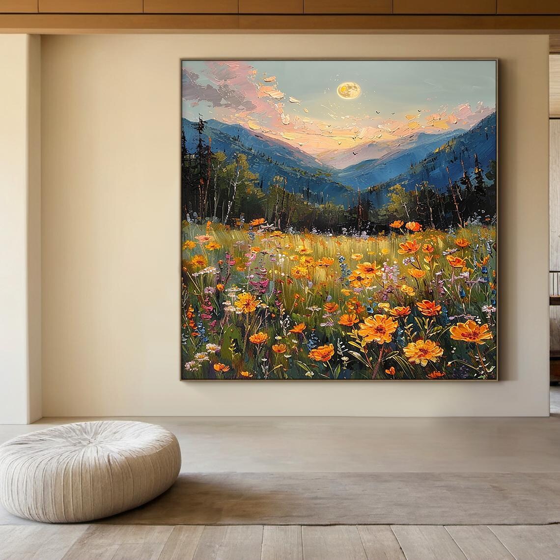 Wildflower Meadow Mountain Landscape Painting Sunset Floral Art Poster - Image 2