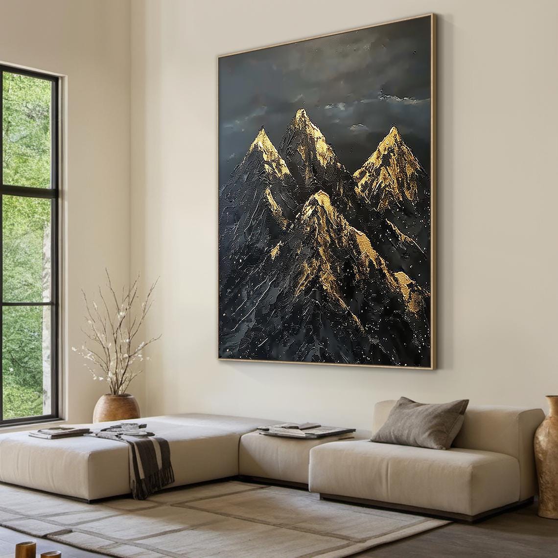 Large Black Abstract Mountains Oil Painting Gold Texture Mountains Sunrise Landscape Painting Modern Nature Living Room Wall Art - Image 2