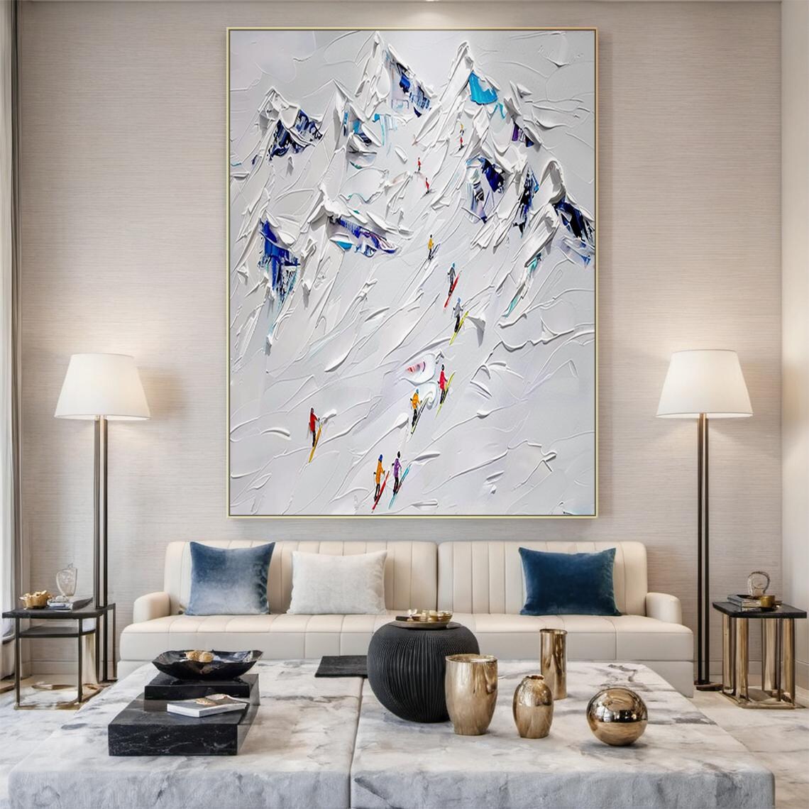 White Snow Mountain Skiers 3D Textured Impasto Winter Sport Wall Art - Image 4