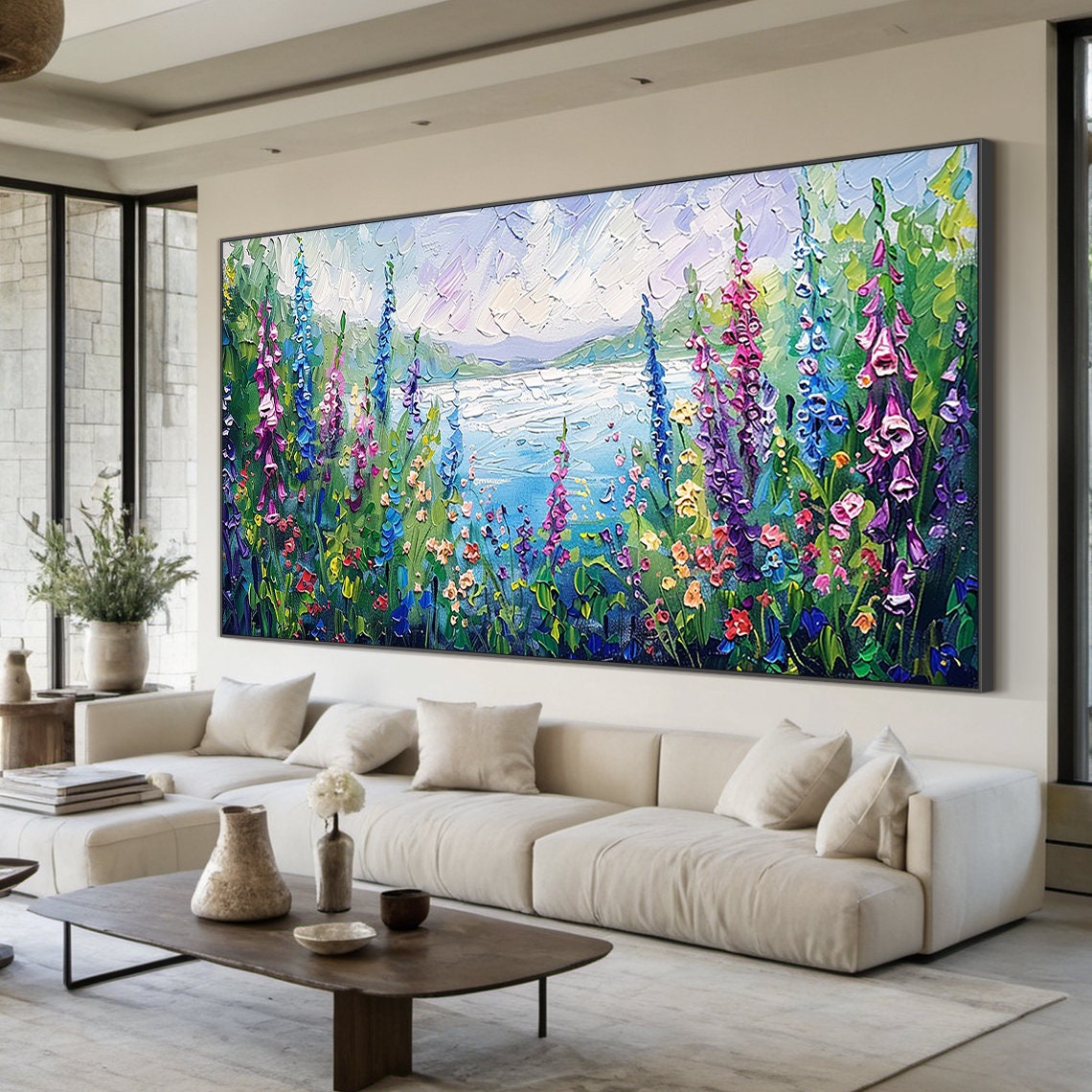Purple Wildflower Meadow By The Lake Impasto Floral Art Poster - Image 2