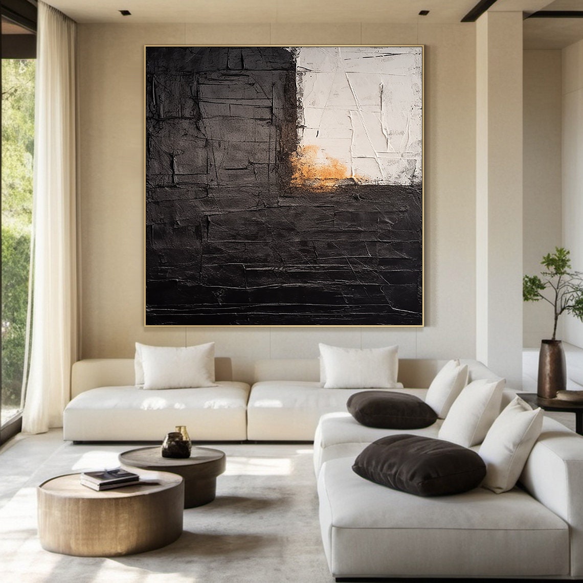 Black White Abstract With Amber Block Textured Modern Art Poster - Image 2