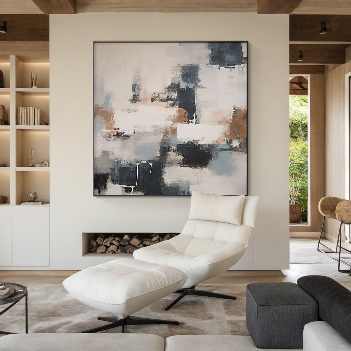 White Grey Navy Abstract Oil Painting Vertical Blocks Modern Poster - Image 3