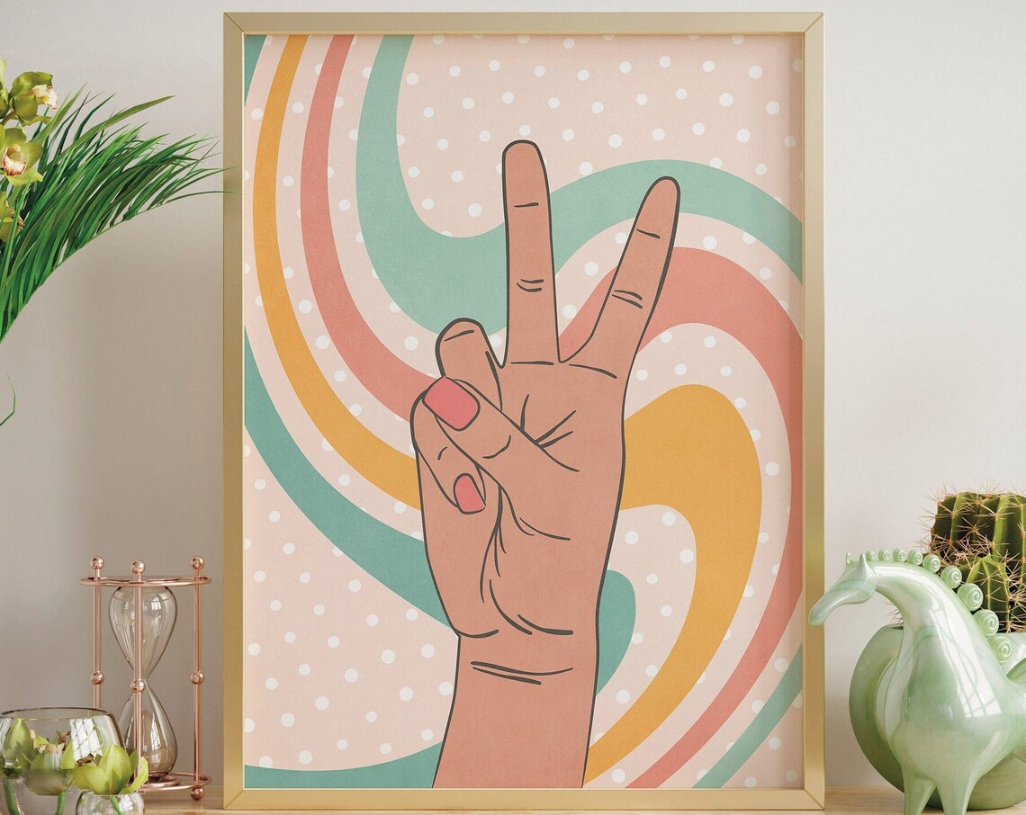 Retro Peace Sign Hand Over Pastel Rainbow Swirls 70s Hippie Poster